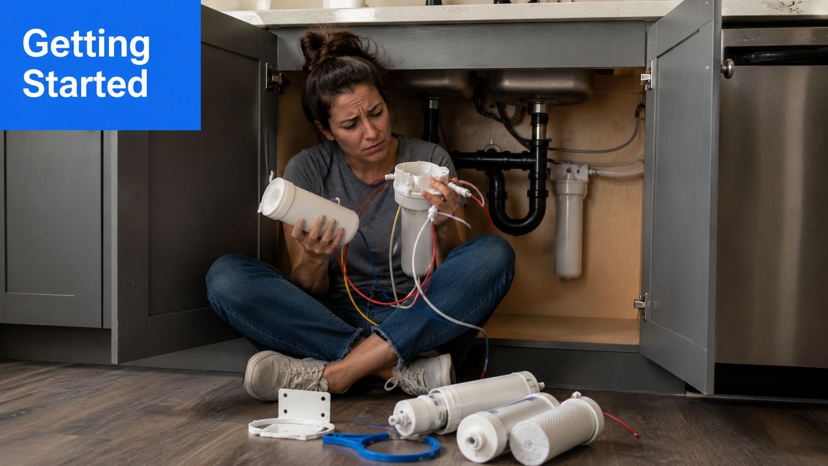 A woman looks confused while attempting to install a complex under sink water filtration system.