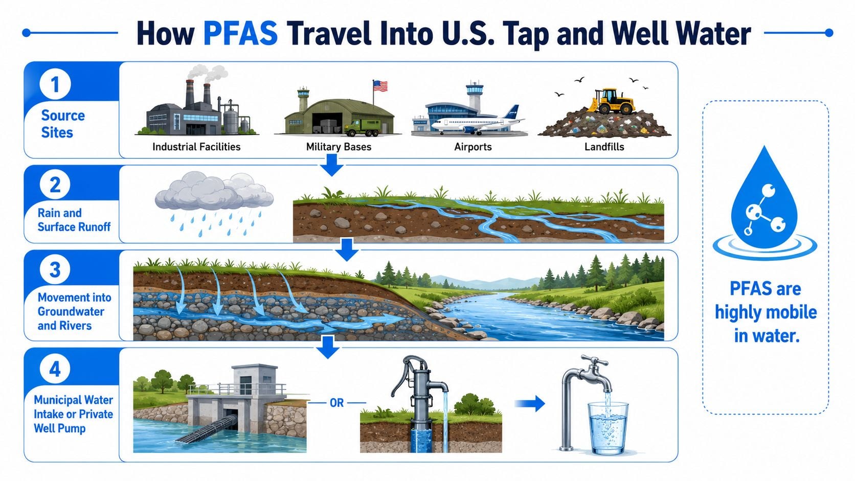 An infographic showing how PFAS chemicals travel from pollution sources into municipal water systems and private wells.