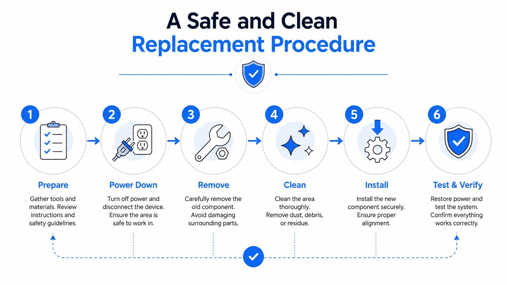 A six-step infographic illustrating a safe and clean procedure for replacing mechanical or electronic components.