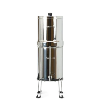 Woder Clearbrook 2.25 Gallon countertop gravity water filter with dual stainless steel vessels, spigot, sight glass, and metal stand