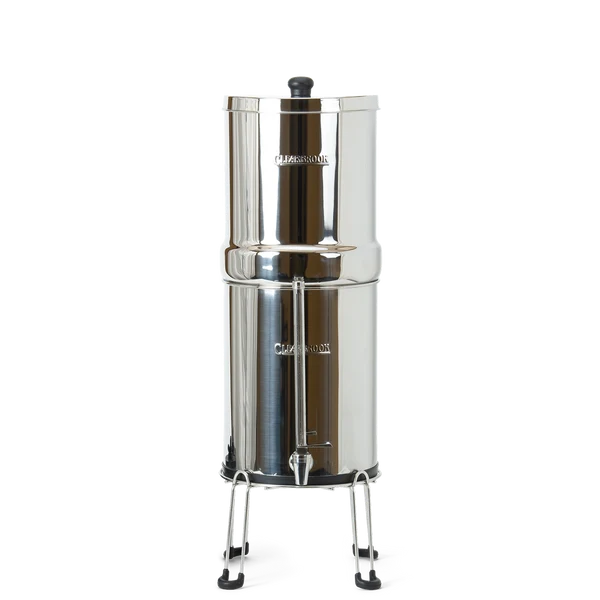 Woder Clearbrook 2.25 Gallon countertop gravity water filter with dual stainless steel vessels, spigot, sight glass, and metal stand