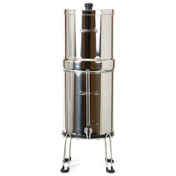 Woder Clearbrook 3.25 Gallon large countertop gravity water filter with dual stainless steel vessels, spigot, sight glass, and metal stand
