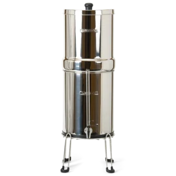 Woder Clearbrook 3.25 Gallon high flow countertop gravity water filter with dual stainless steel vessels, 4 CB9 filter elements, spigot, sight glass, and metal stand