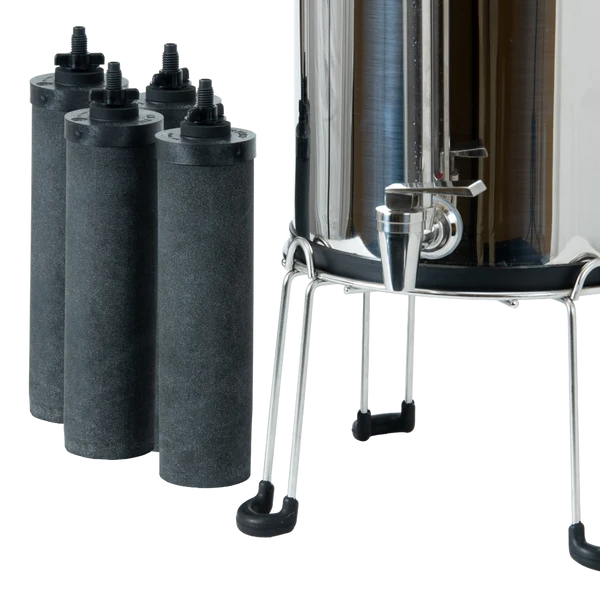 Four CB9 nano-filtration filter elements shown next to Woder Clearbrook 3.25 Gallon high flow countertop gravity water filter on stainless steel stand