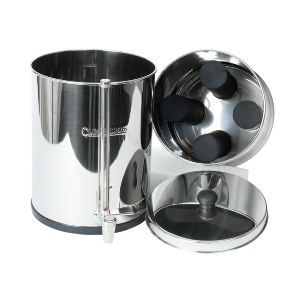 Woder Clearbrook 3.25 Gallon high flow countertop gravity water filter disassembled showing lower vessel with spigot, upper chamber with 4 CB9 filter ports, and stainless steel lid