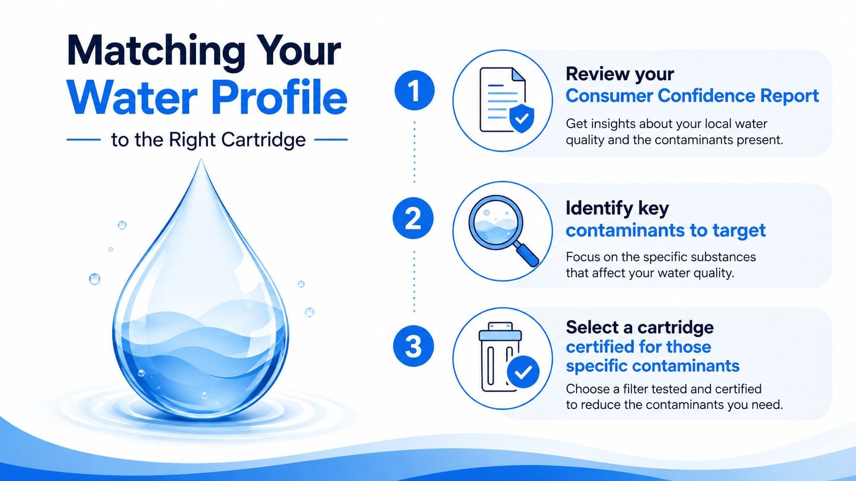 A three-step infographic on how to match your water profile to the correct water filter cartridge.