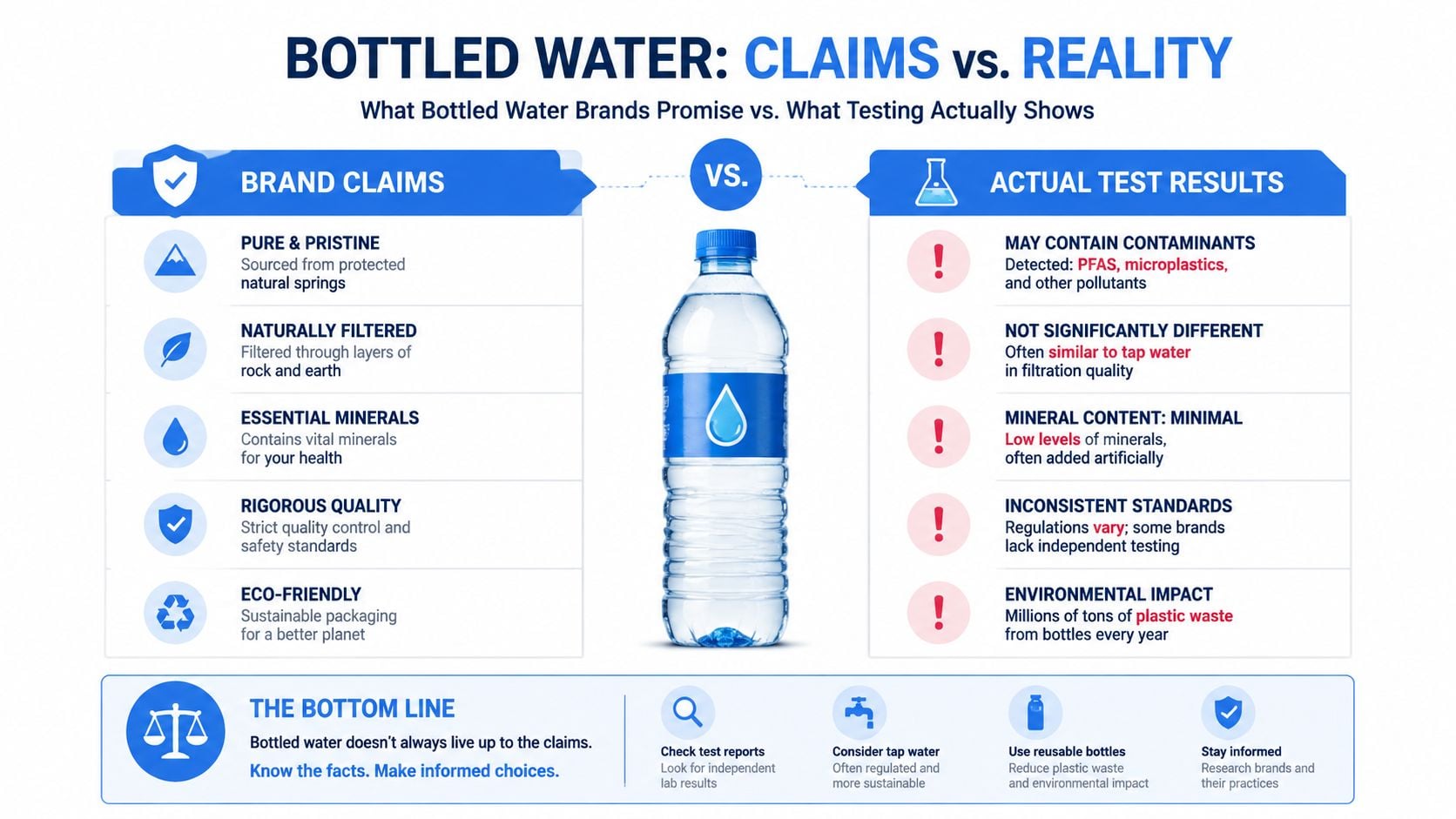 A comparison infographic showing bottled water brand claims versus the reality of actual test results.