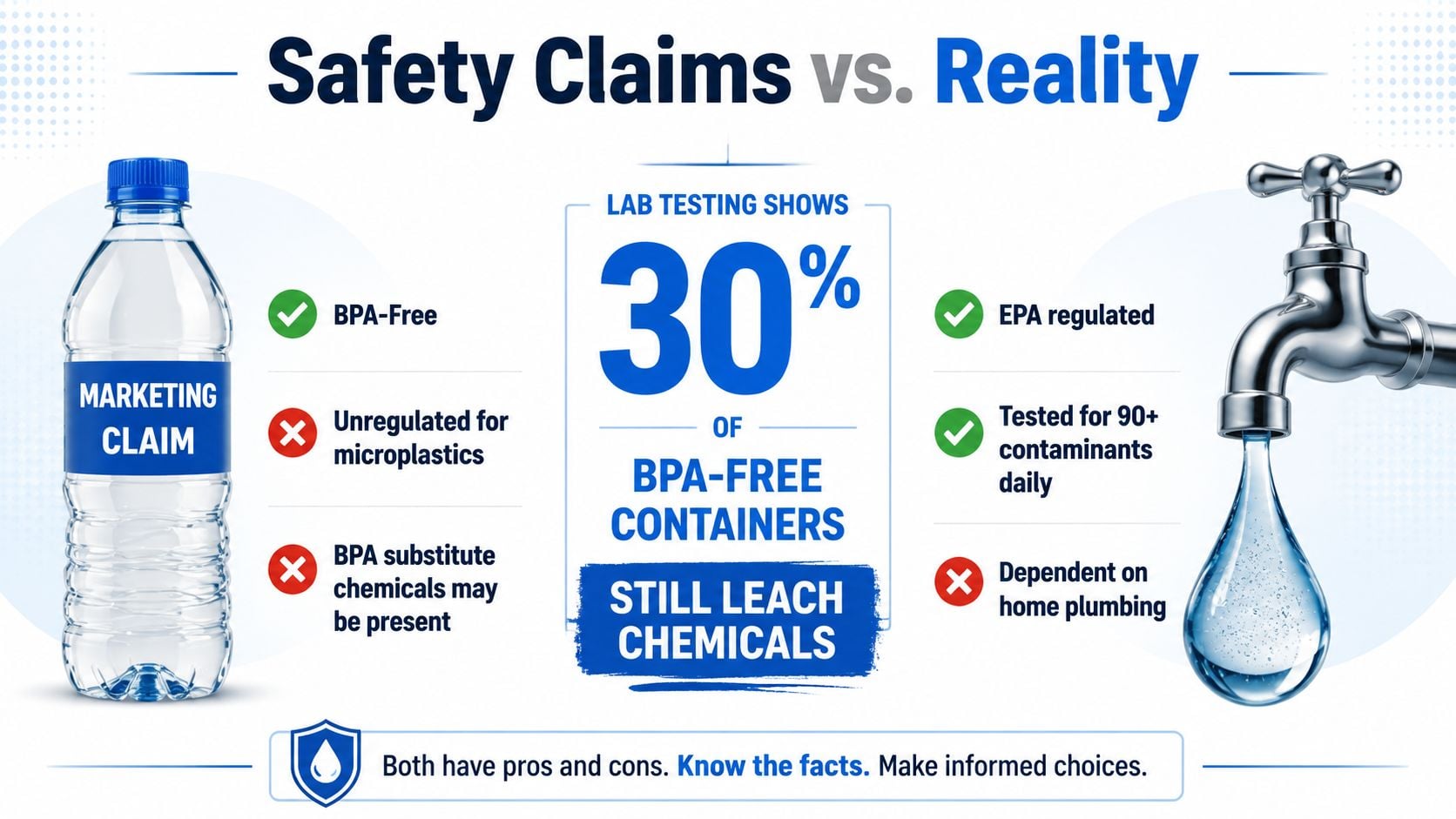 An infographic comparing safety claims and realities of bottled water versus tap water sources.