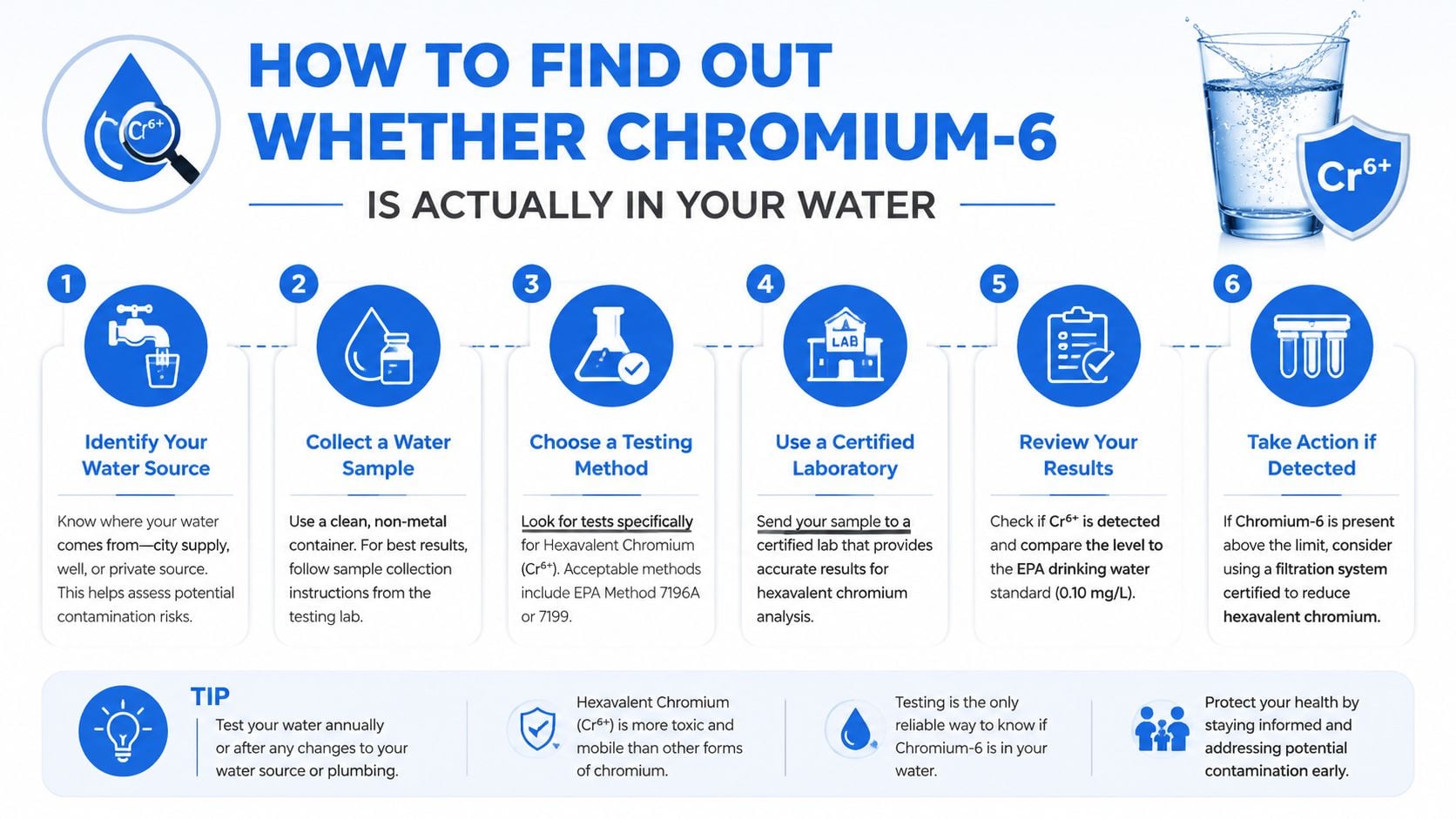 An infographic showing a six-step process for identifying and testing for hexavalent chromium in drinking water.