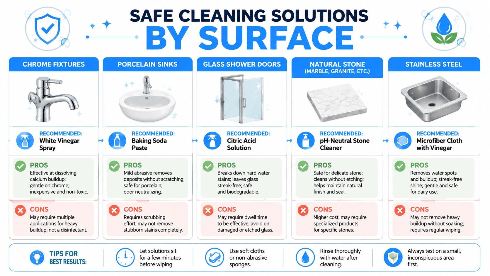 An infographic chart displaying recommended safe cleaning solutions for five different household surfaces including chrome and stone.