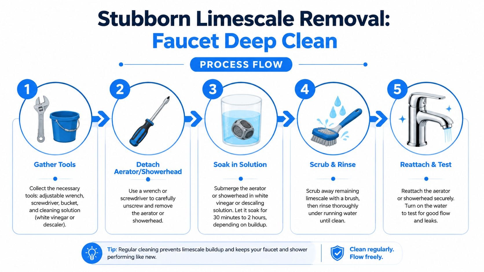 A five-step infographic showing how to deep clean and remove stubborn limescale from a bathroom faucet.