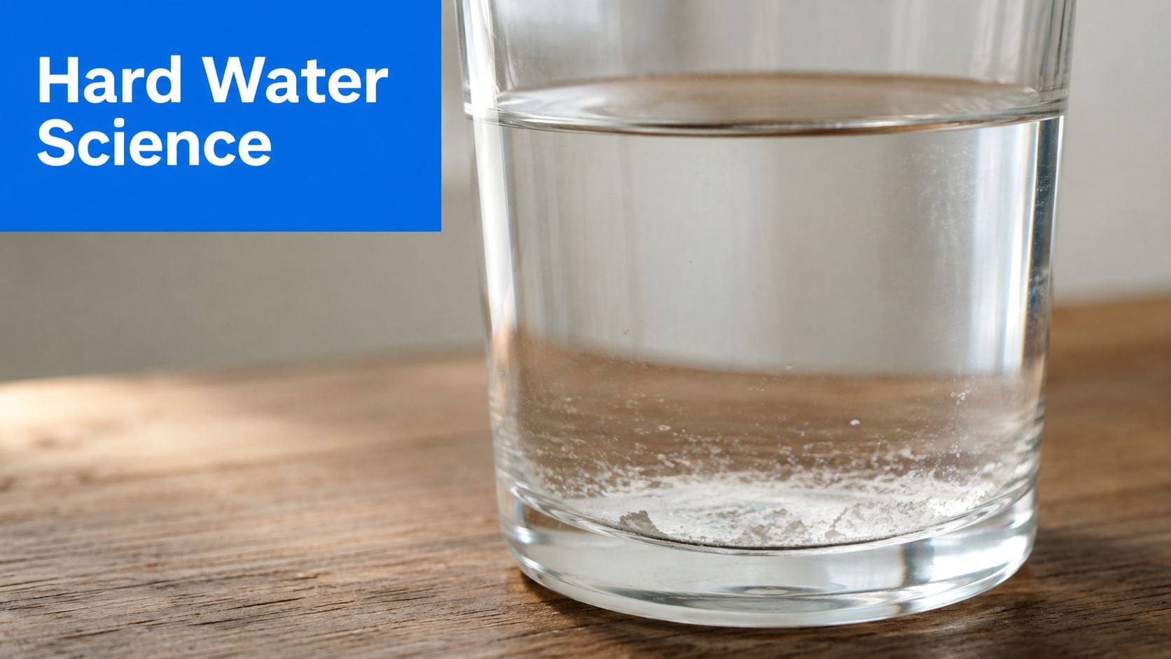 A clear glass filled with water showing white mineral sediment and calcium deposits at the bottom.
