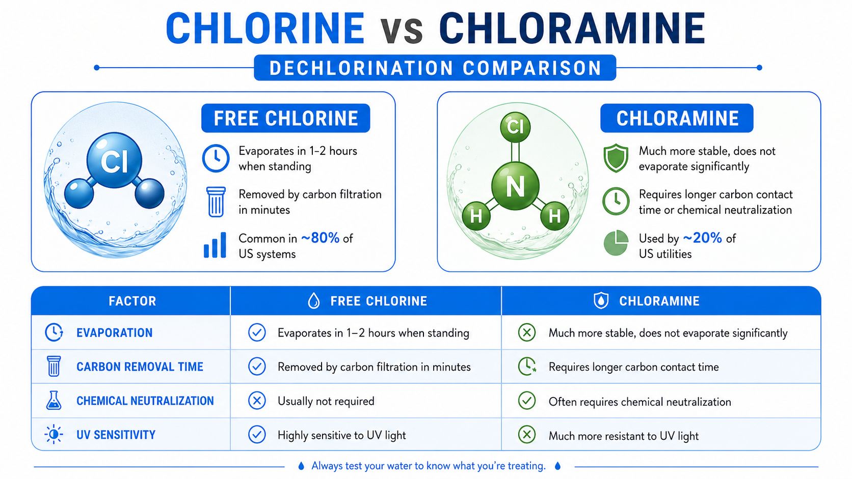 A comparison chart showing differences between free chlorine and chloramine for water dechlorination and filtration treatment processes.