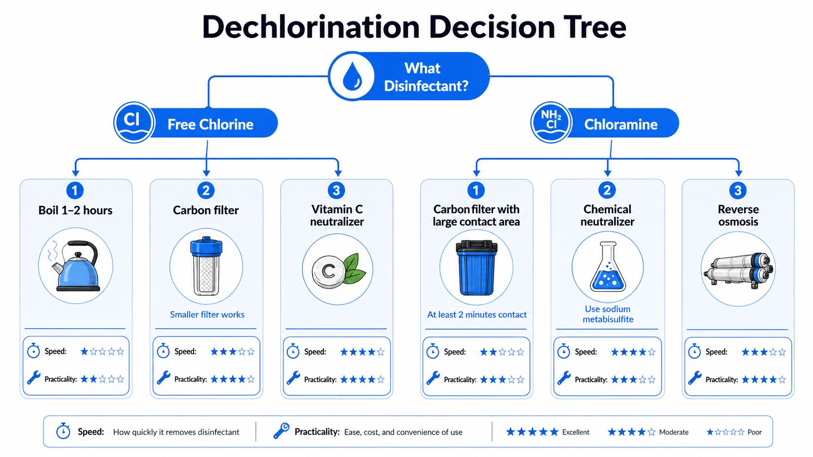 A decision tree infographic guiding users on how to dechlorinate tap water based on the disinfectant used.