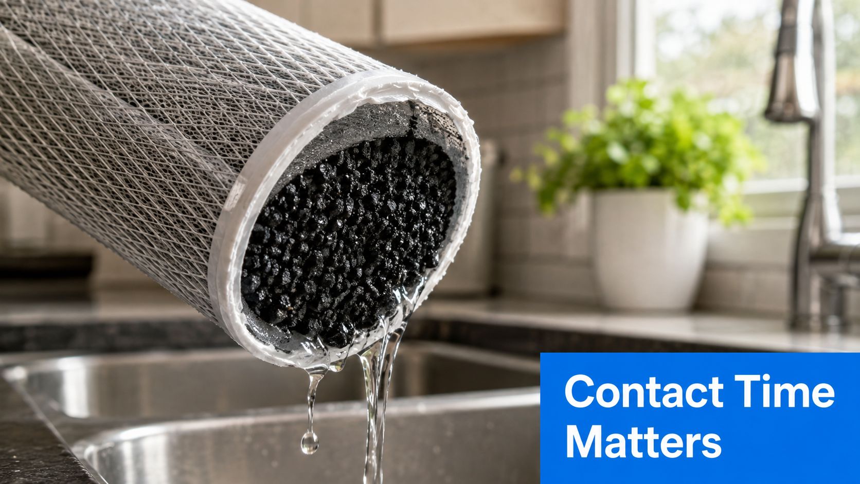 A close-up view of a wet carbon water filter cartridge dripping water into a kitchen sink.