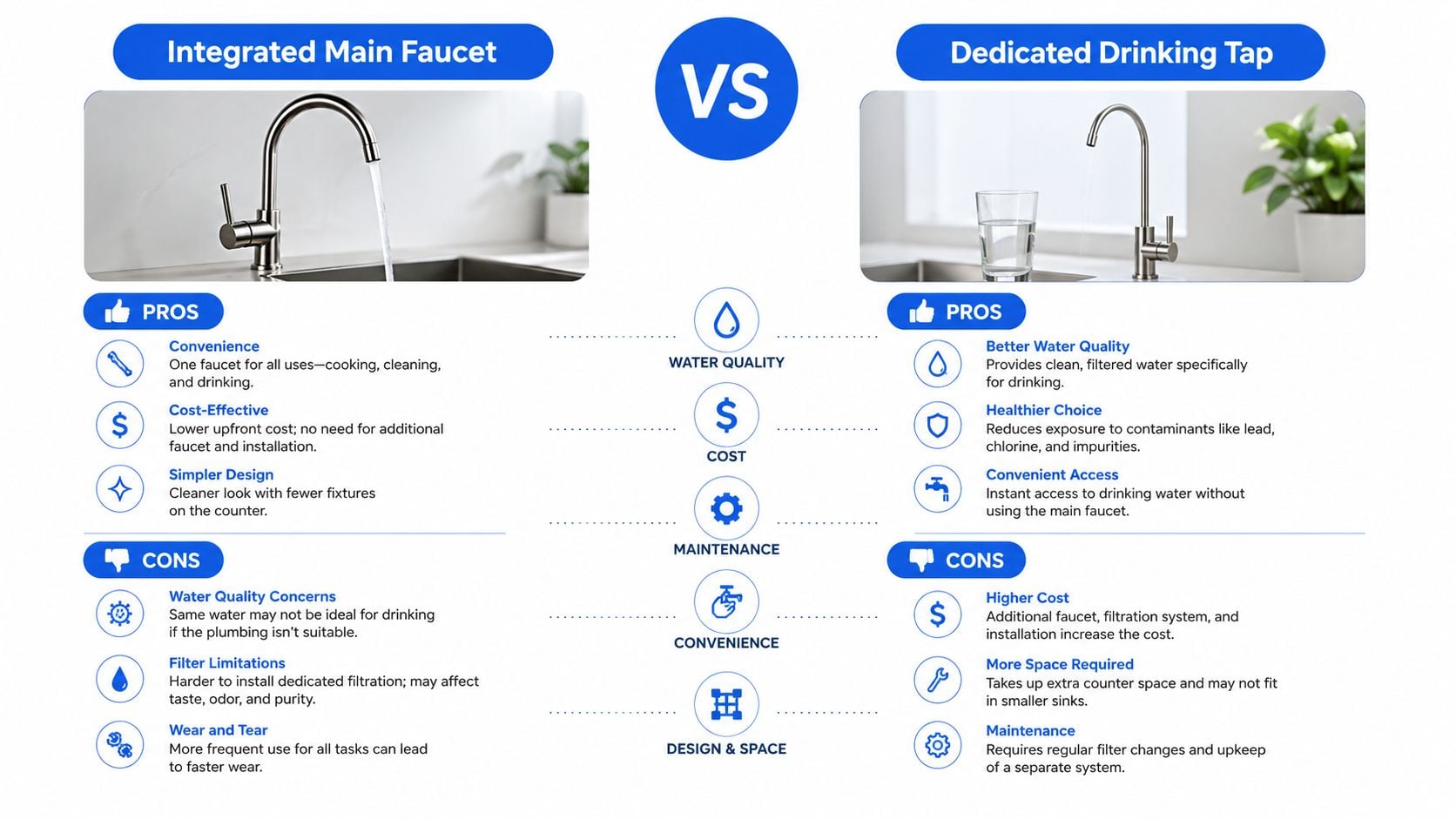 A comparison chart highlighting the pros and cons of using an integrated main faucet versus a dedicated drinking tap.