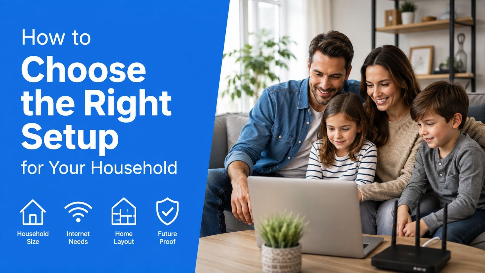A happy family sitting together on a couch looking at a laptop computer and a home router.