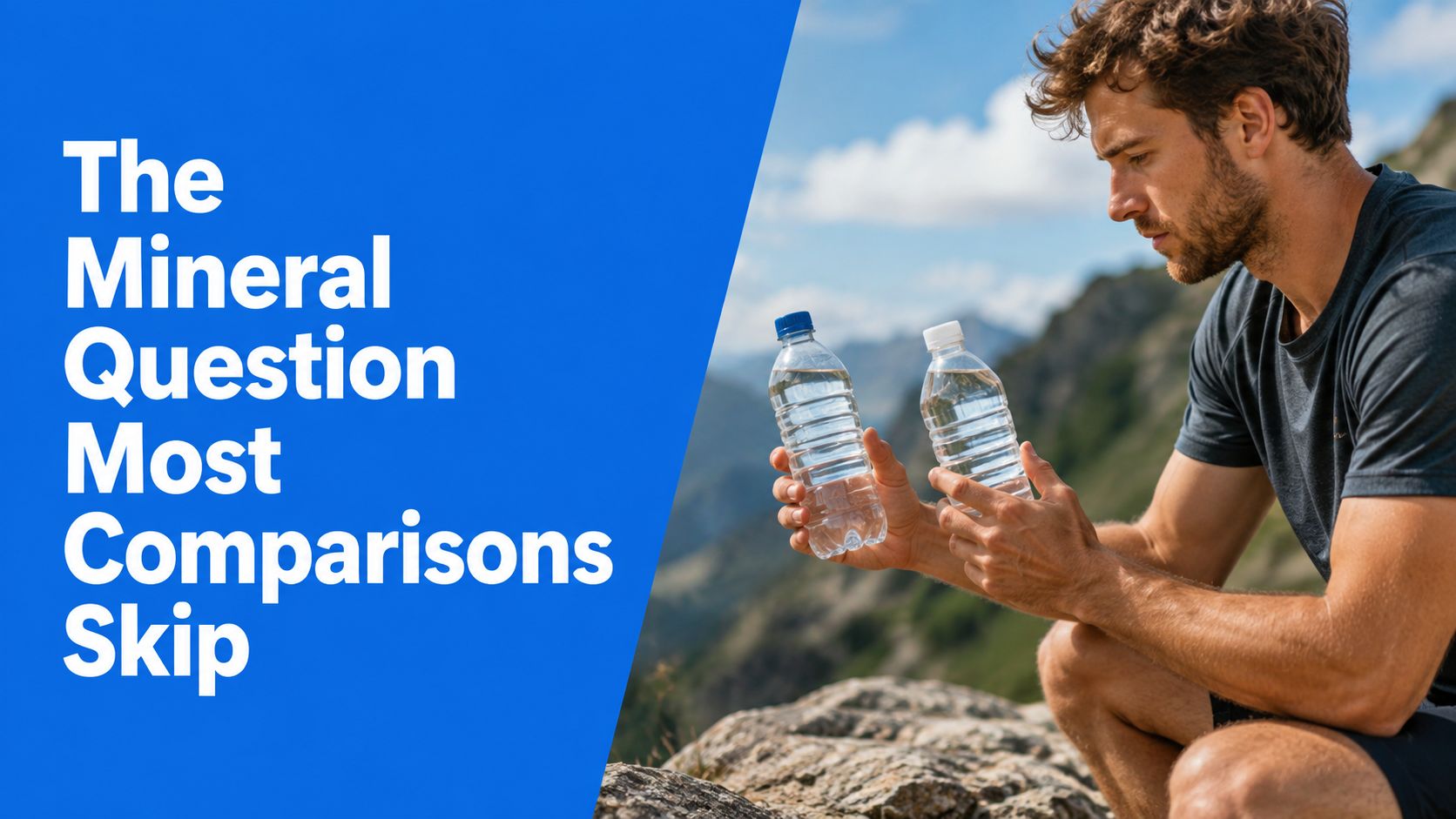 A man sitting on a mountain trail holding two plastic water bottles comparing them carefully.