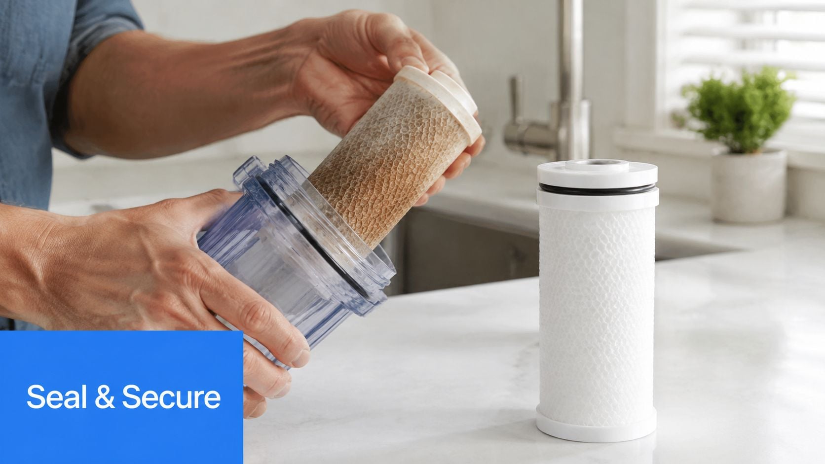 A person changing a dirty water filter cartridge from a clear housing with a new clean filter nearby.