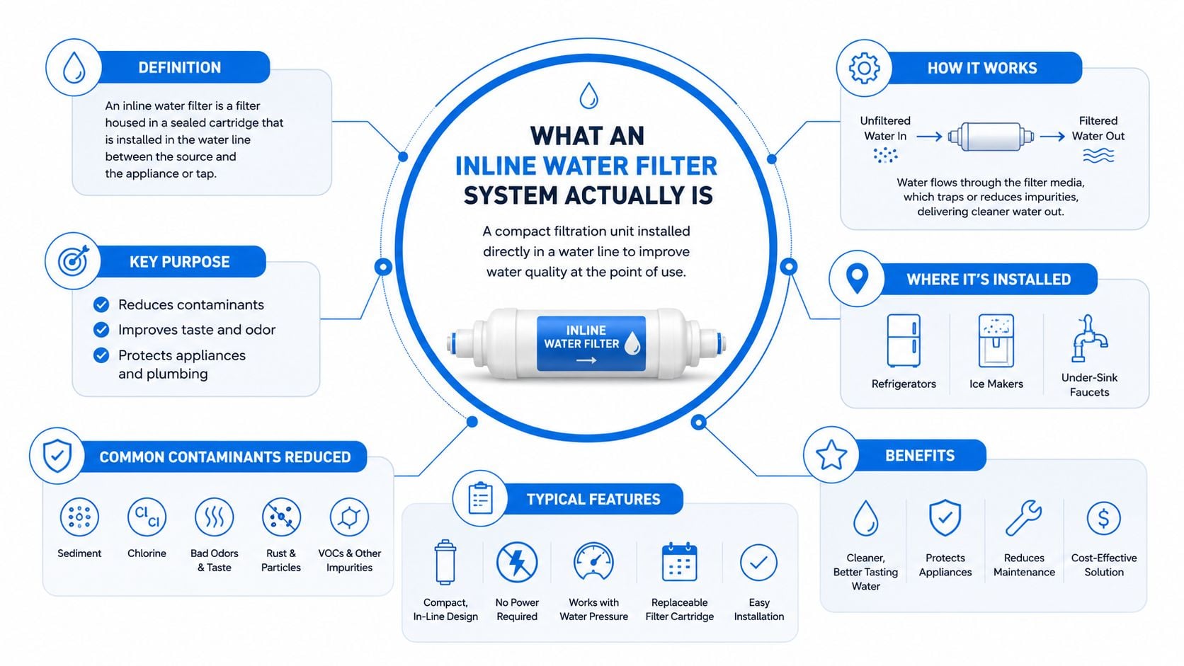 An infographic detailing the definition, purpose, installation, and benefits of an inline water filter system.