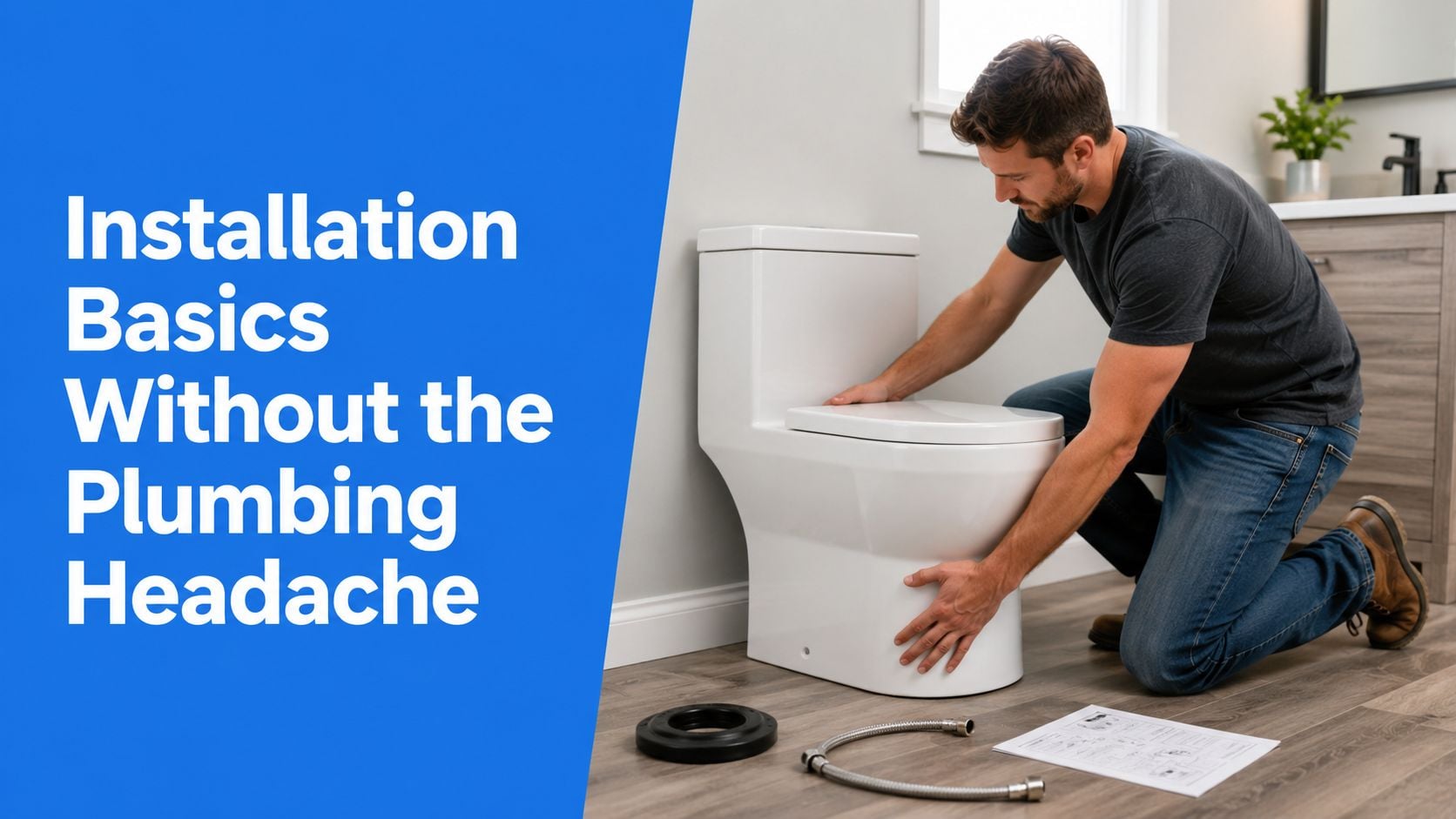 A professional plumber installing a new white ceramic toilet in a modern bathroom home interior setting.
