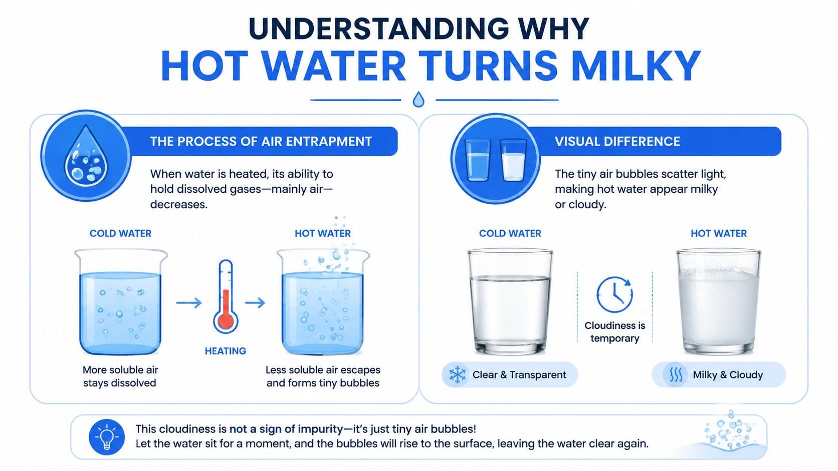 An infographic explaining why hot water from a tap appears milky due to dissolved air bubbles.