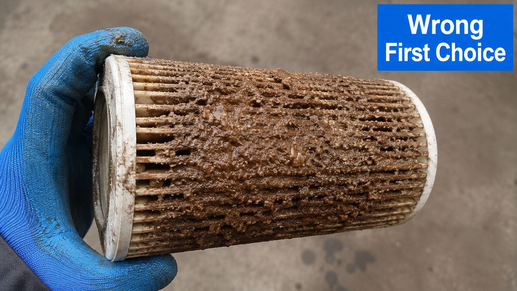 A hand wearing a blue glove holding a heavily clogged and dirty pleated sediment water filter cartridge.