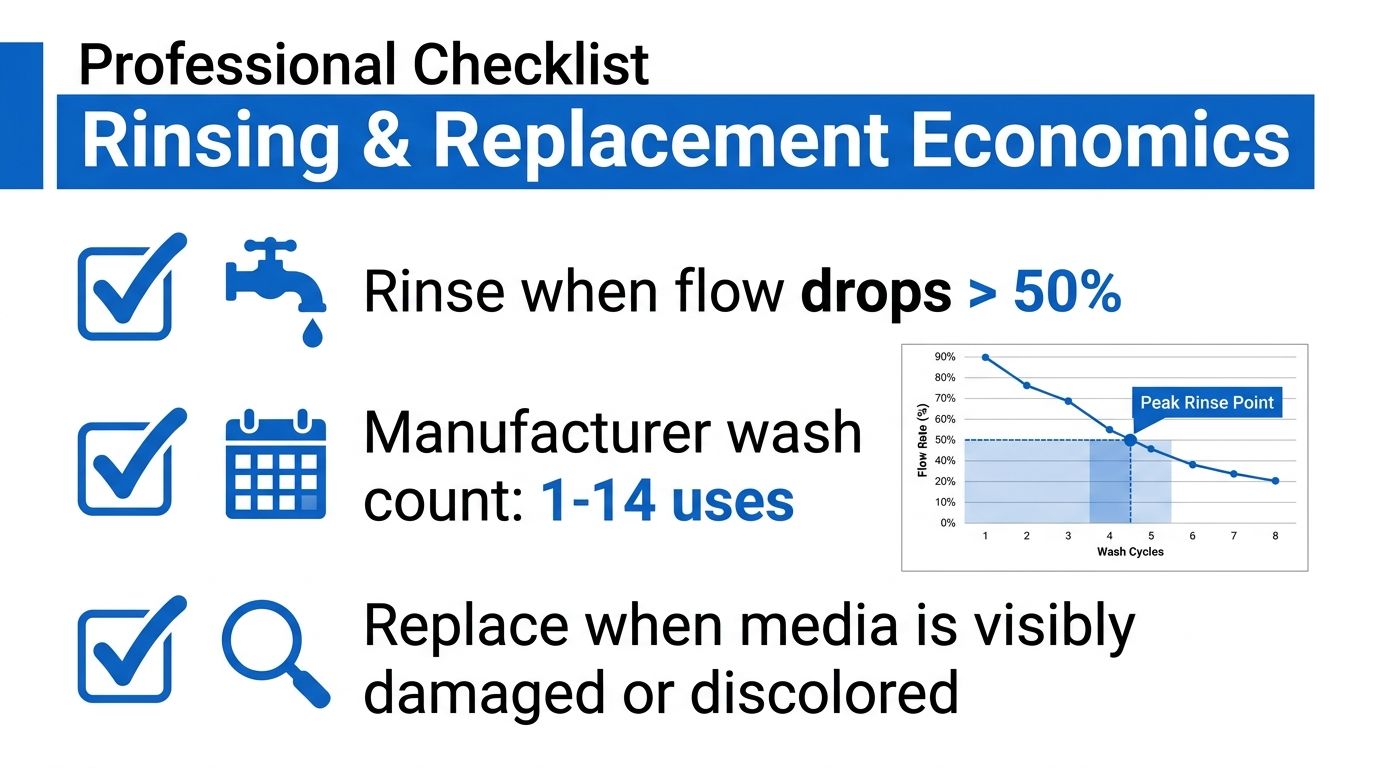 A professional checklist for pleated sediment water filter maintenance, including rinsing guidelines, wash counts, and replacement criteria.