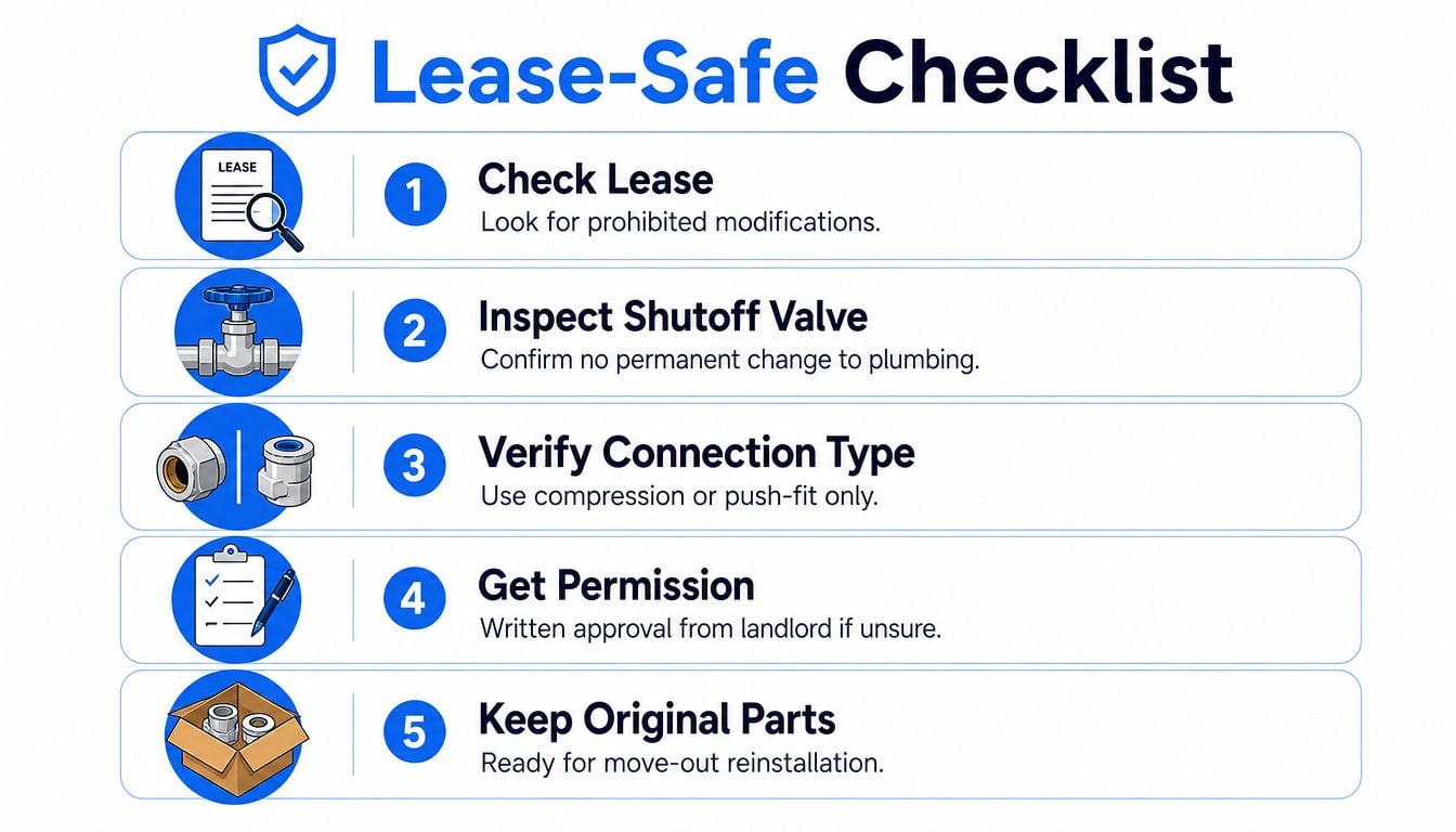 A five-step Lease-Safe Checklist infographic for renters planning to install plumbing modifications like water filters.