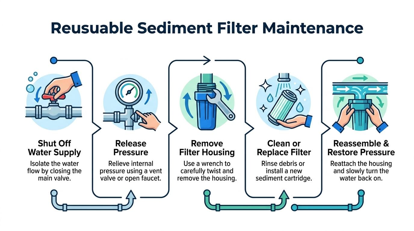 An infographic showing the five steps to perform maintenance on a reusable sediment water filter system.