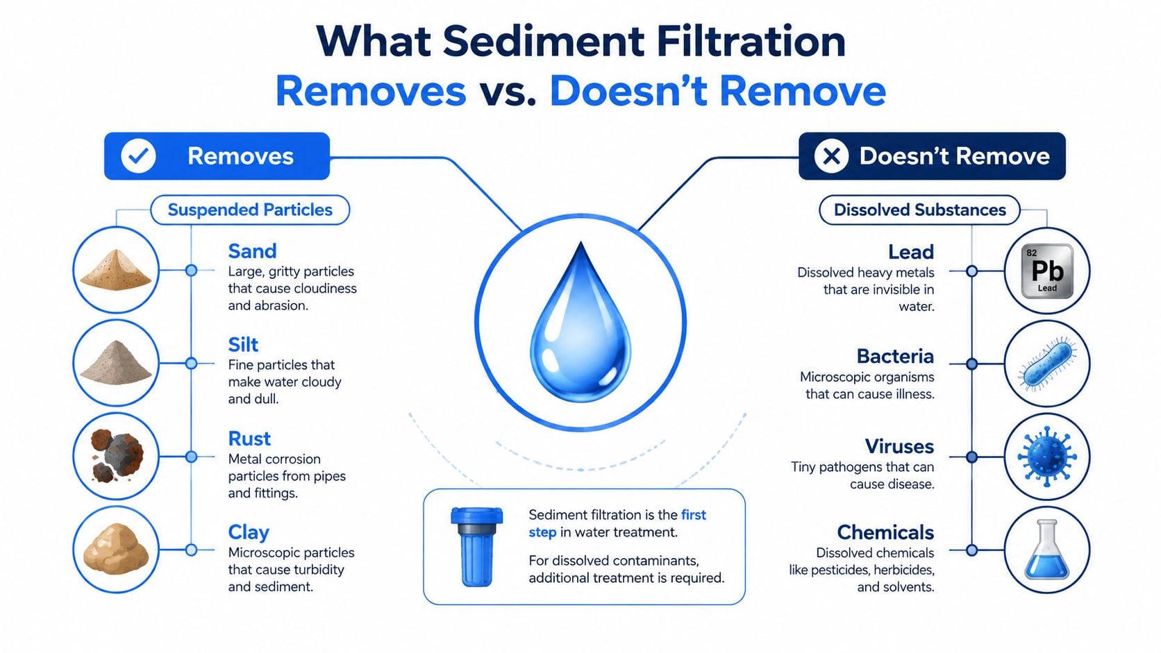 An infographic showing what sediment water filters remove versus what they do not remove from water.