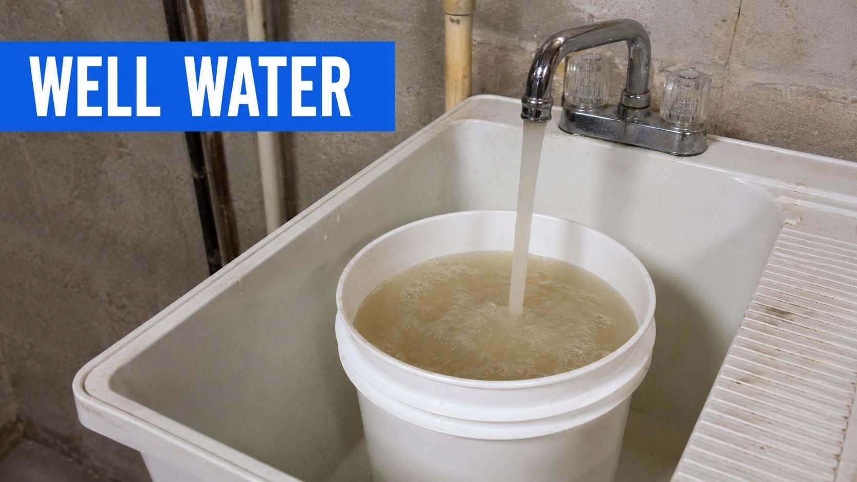 A utility sink filling a white bucket with cloudy, discolored water from a well water source.