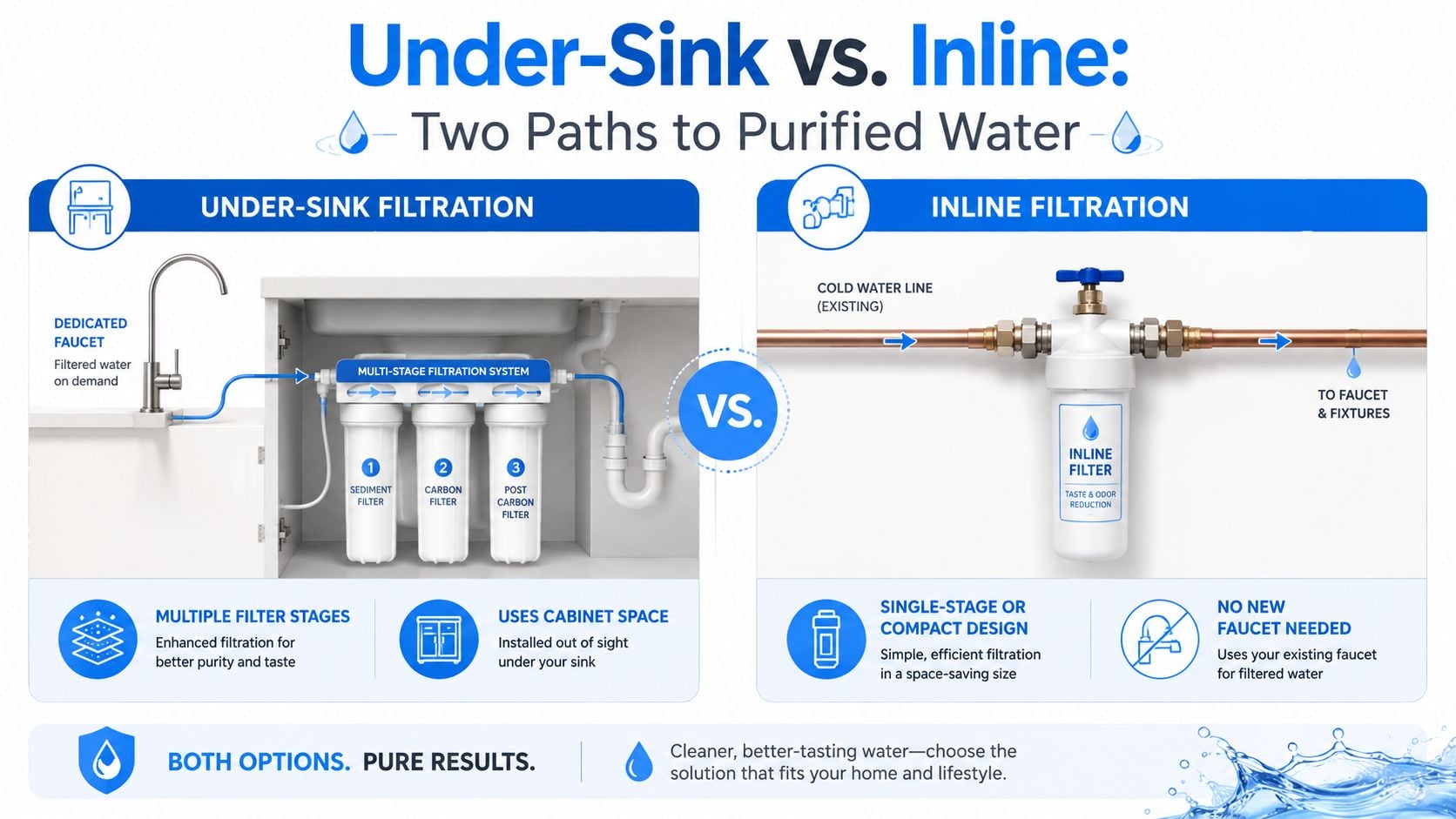 A comparison infographic showing the differences between under-sink filtration systems and inline filtration systems for home water purification.