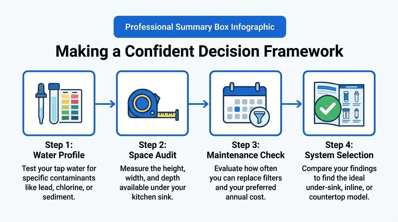 A four-step infographic showing the framework for selecting the right home water purification system.