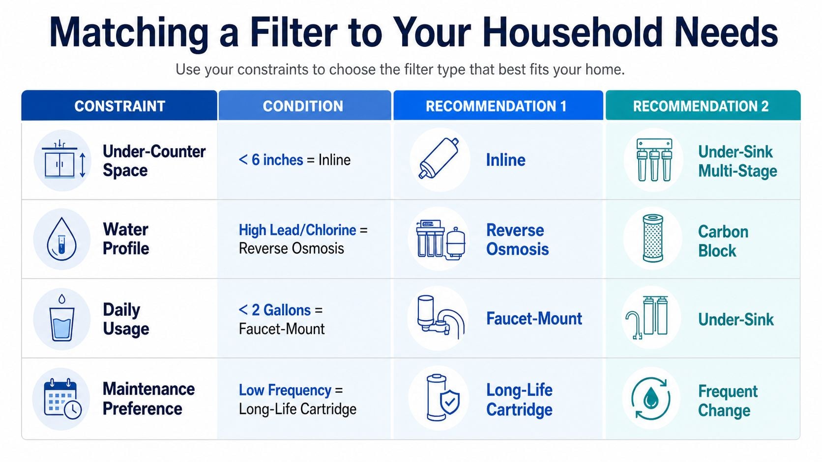 A chart showing different water filter types based on household needs like space, water quality, and maintenance.