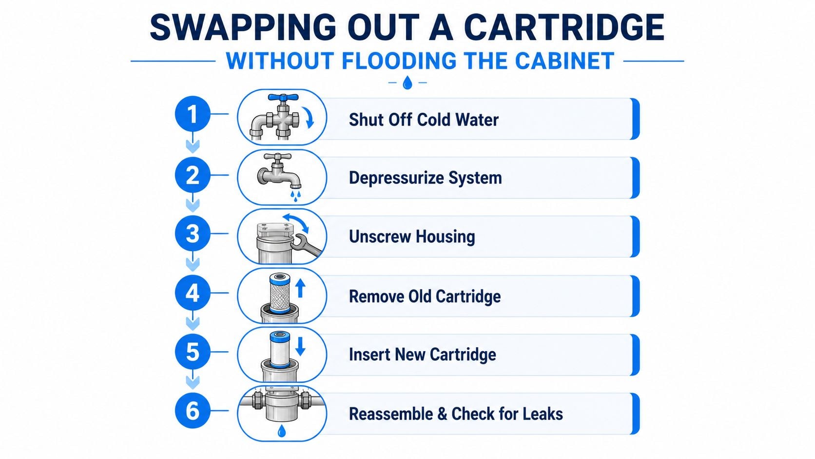 A six-step instructional infographic showing how to safely replace an under sink water filter cartridge.