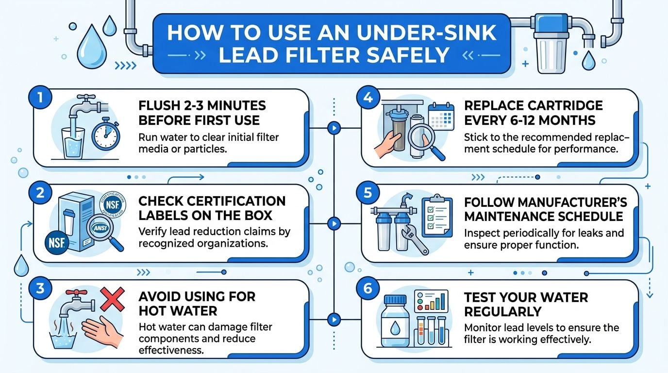 An infographic showing six essential tips for properly using and maintaining an under-sink lead water filter.