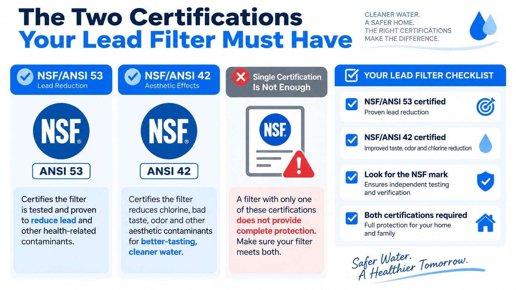 An infographic explaining the importance of having both NSF/ANSI 53 and 42 certifications for lead water filters.