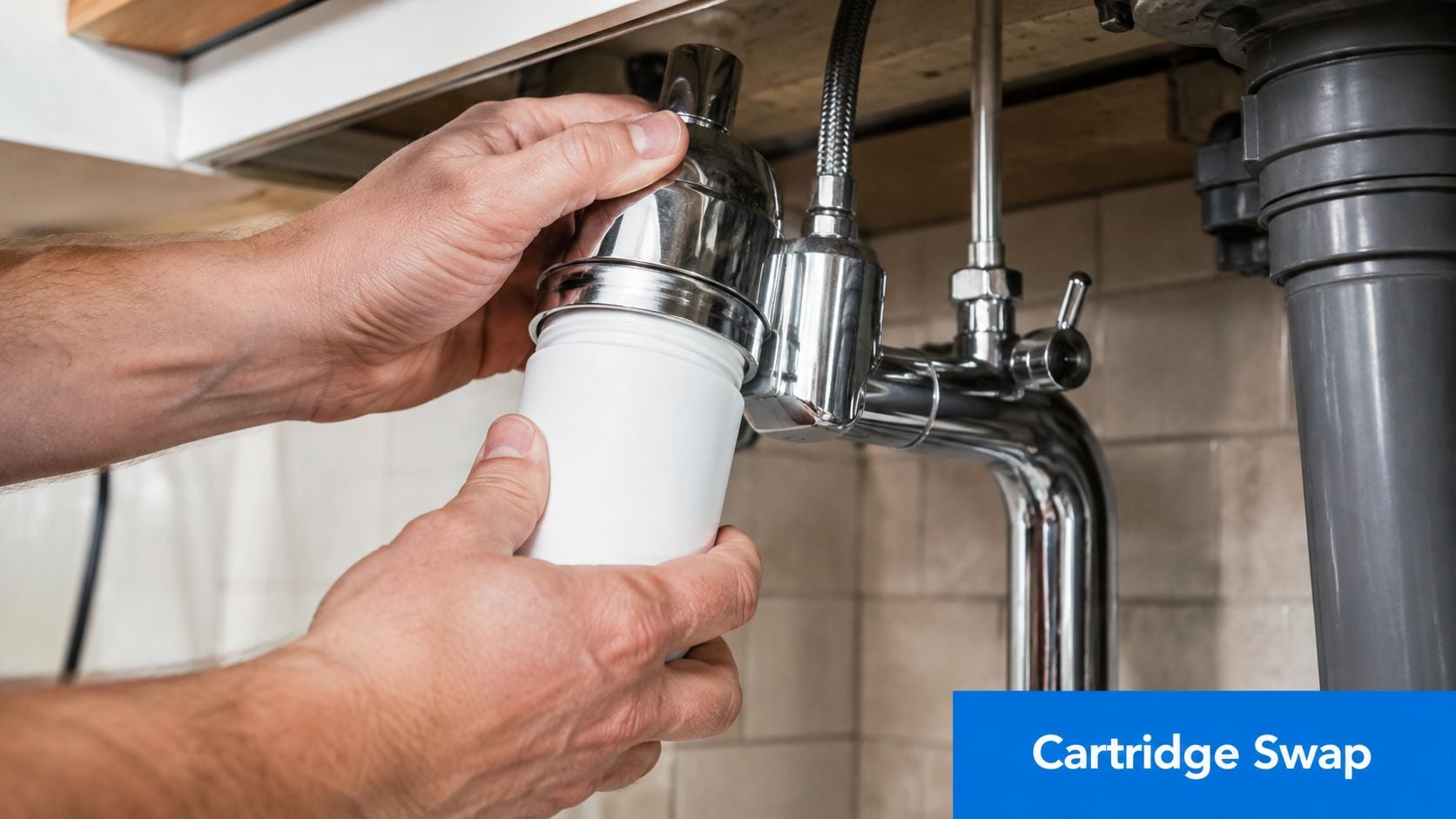 A close-up view of a person's hands installing or replacing a water filter cartridge under a sink.
