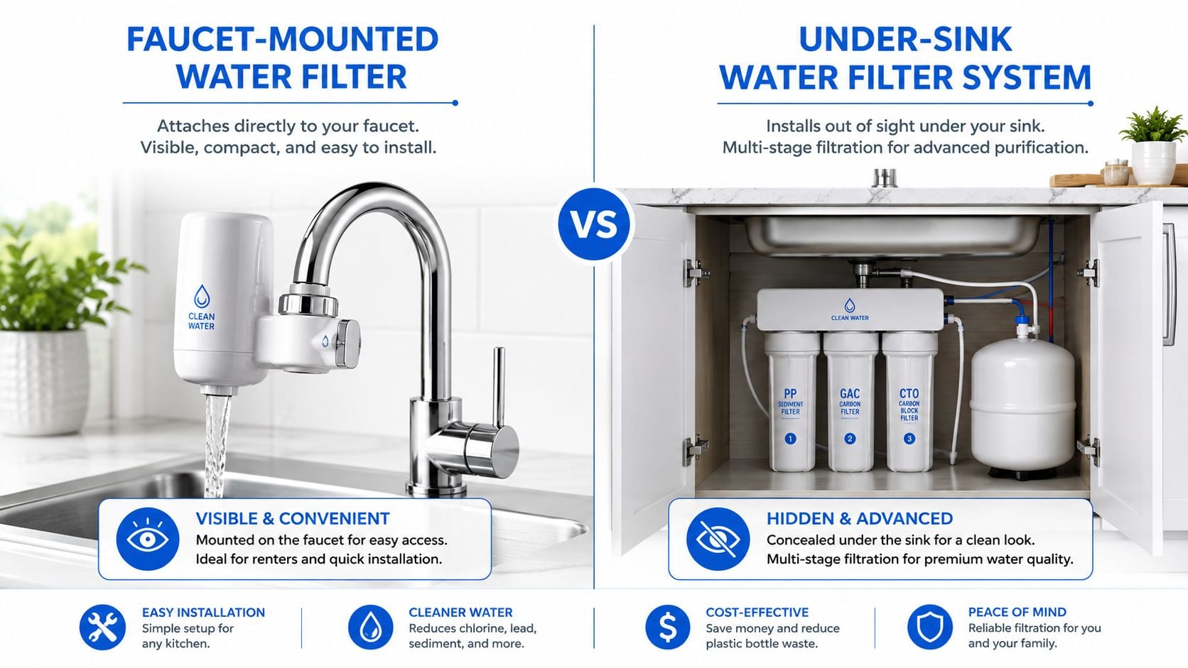A comparison infographic showing a faucet-mounted water filter next to an under-sink water filtration system.