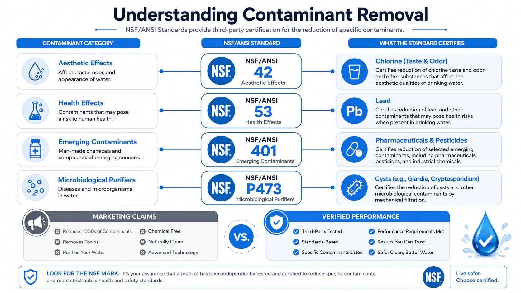 An infographic explaining NSF/ANSI standards for water contaminant removal, detailing certification categories, standards, and verified performance benefits.