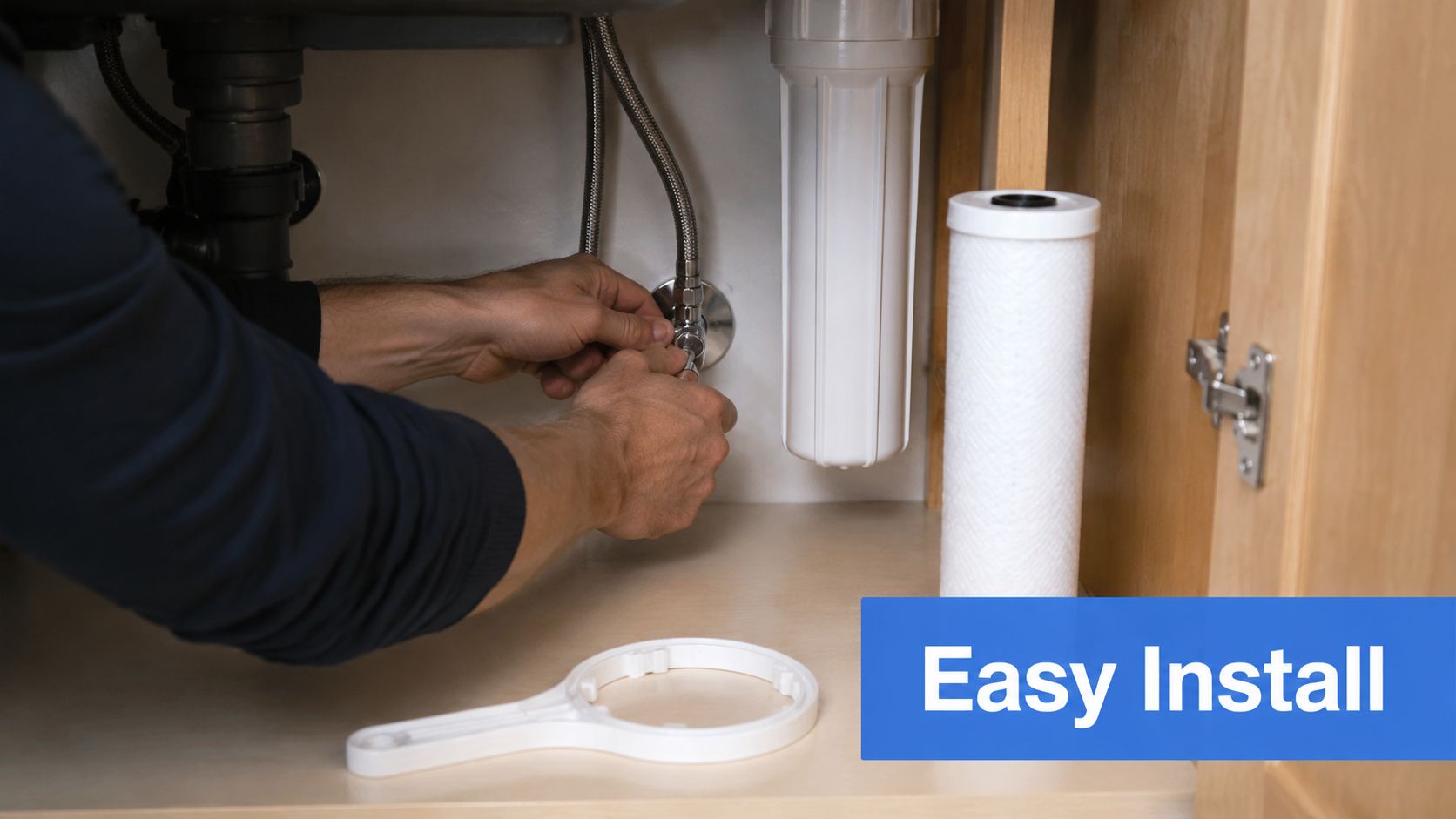 A professional technician installs a water filtration system under a kitchen sink for an ice maker.