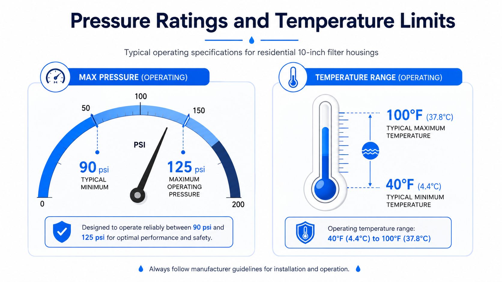 An infographic showing the pressure and temperature operating limits for residential 10-inch water filter housings.