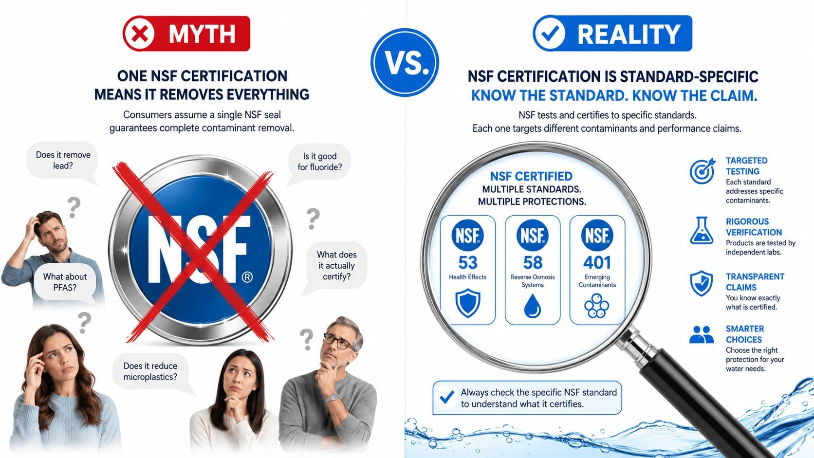 An infographic contrasting the myth and reality of NSF water filter certifications and standardized contaminant removal.