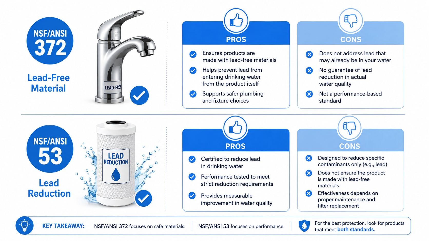 A comparison chart explaining the differences between NSF/ANSI 372 lead-free material standards and NSF/ANSI 53 lead reduction standards.