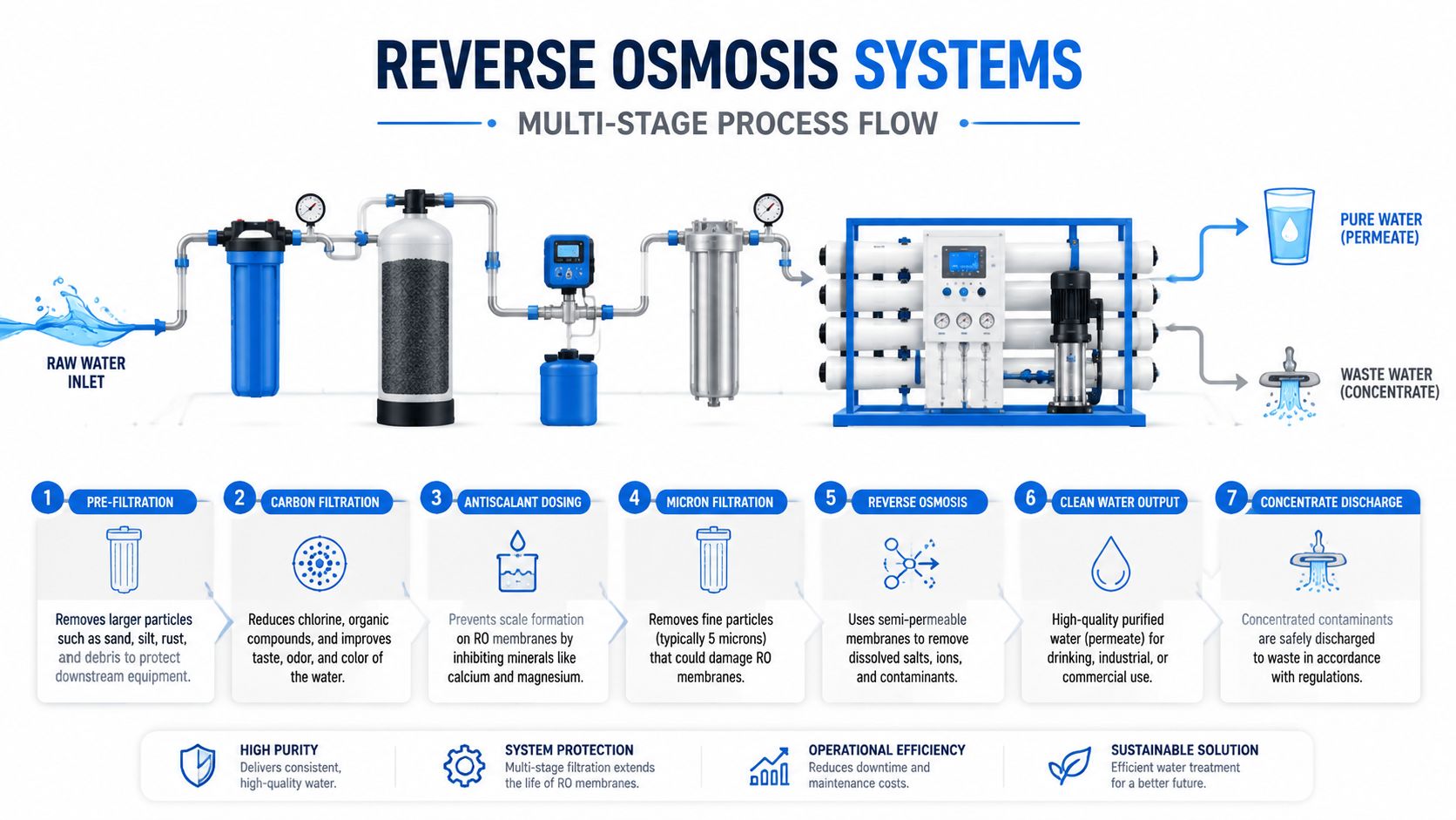 A diagram illustrating a seven-stage industrial reverse osmosis water filtration system and its purification process.