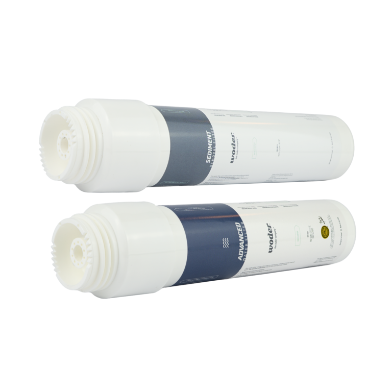 Woder WD-20M-REP Sediment Removal Filter and WD-GEN4-2512TC Advanced Water Filter replacement cartridges shown side by side for the WD-D-20M-G4 dual stage system