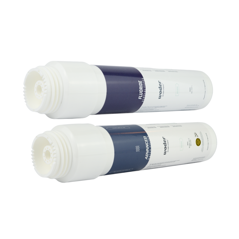 Woder WD-FRM-L Fluoride Removal Filter and WD-GEN4-2512TC Advanced Water Filter replacement cartridges shown side by side for the WD-D-FRM-G4 dual stage system