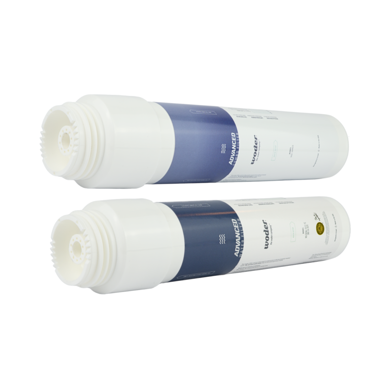 Woder WD-HMG4 Advanced Combo Filter and WD-GEN4-2512TC Advanced Water Filter replacement cartridges shown side by side for the WD-D-HMG4-G4 dual stage heavy metals and lead removal system