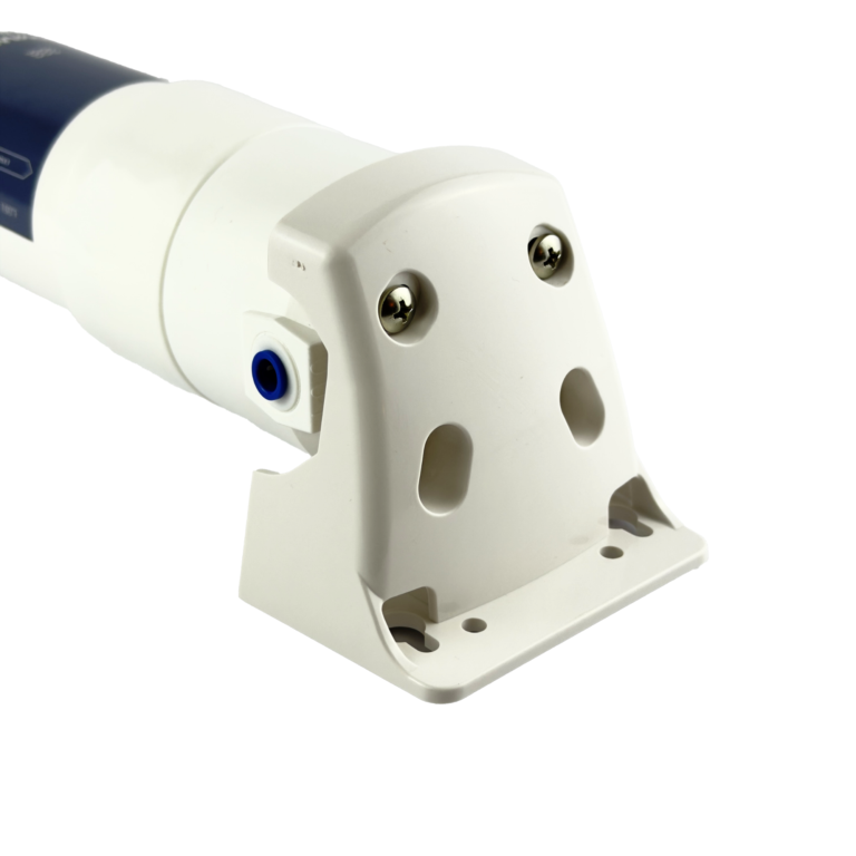 Woder WD-SSMH-JG single stage replacement mounting head side view showing built-in John Guest quick-connect fitting port for under-sink water filtration systems